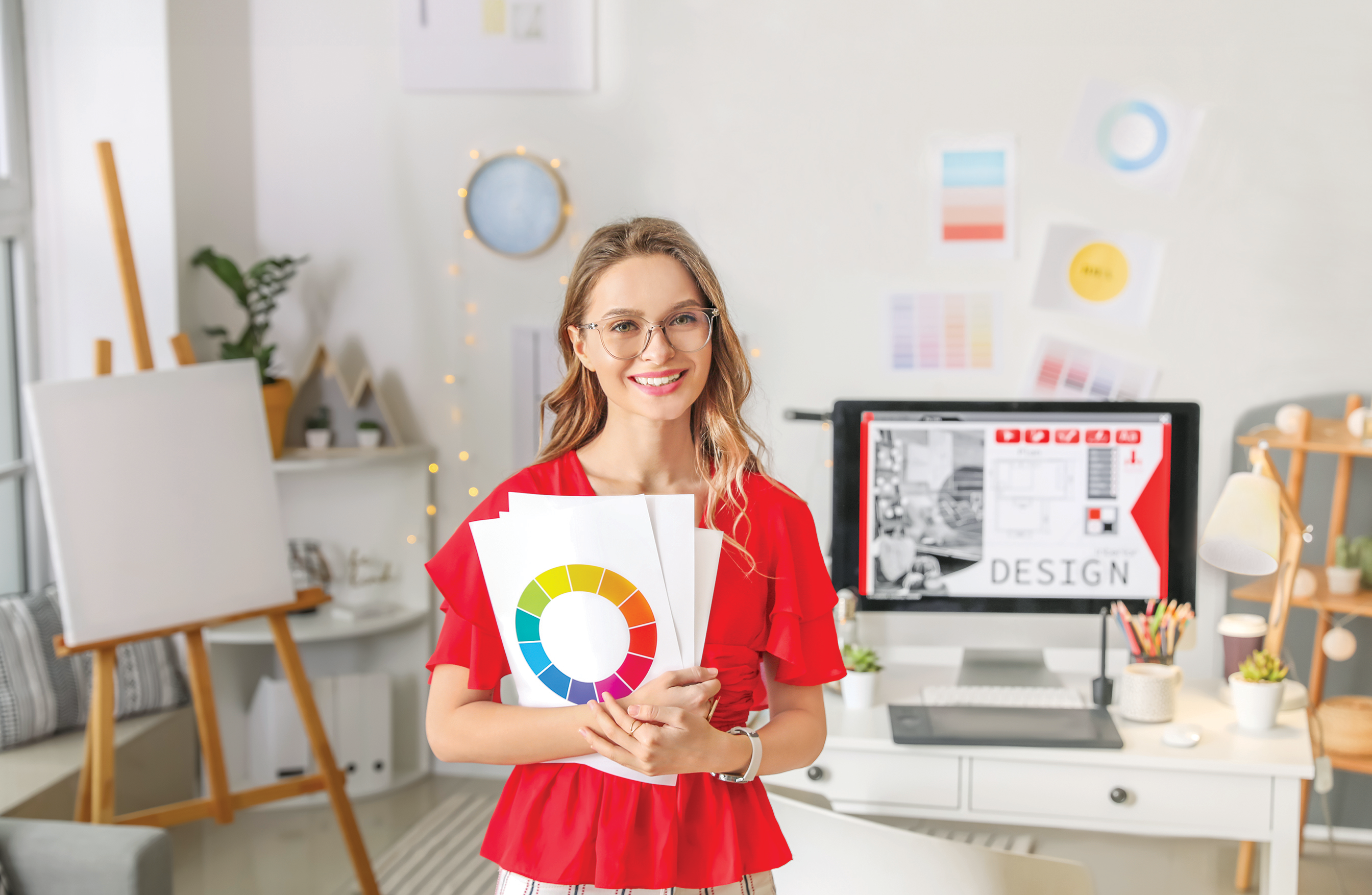 Woman with graphic design materials standing in front of a monitor