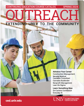 CE spring catalog cover with adult students in construction safety cloging looking at plans