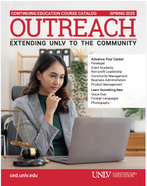 Spring 20245 unlv continuing education catalog cover with the word OUTREACH woman looking at a loaptop.