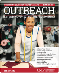 CE summer catalog cover with woman in smock at a fabric cutting desk